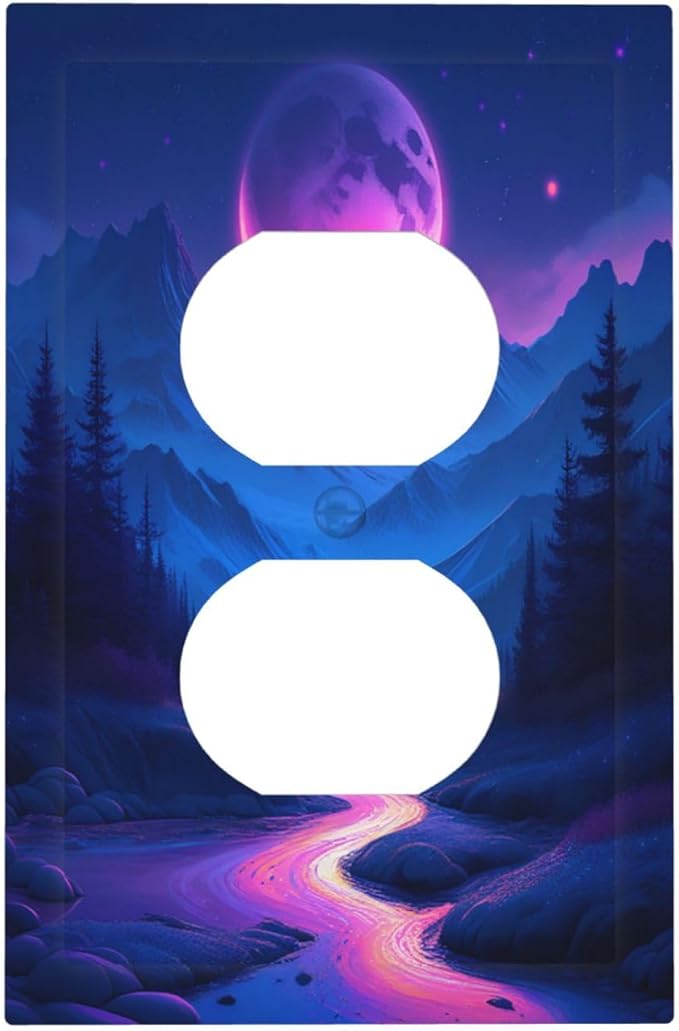 Purple Cyberpunk River Full Moon Mountain Forest Outlet Covers 1 Gang Duplex Light Switch Cover Wall Plate Decorative Switch Plates Electrical Receptacle Faceplate for Bedroom Bathroom Decor
