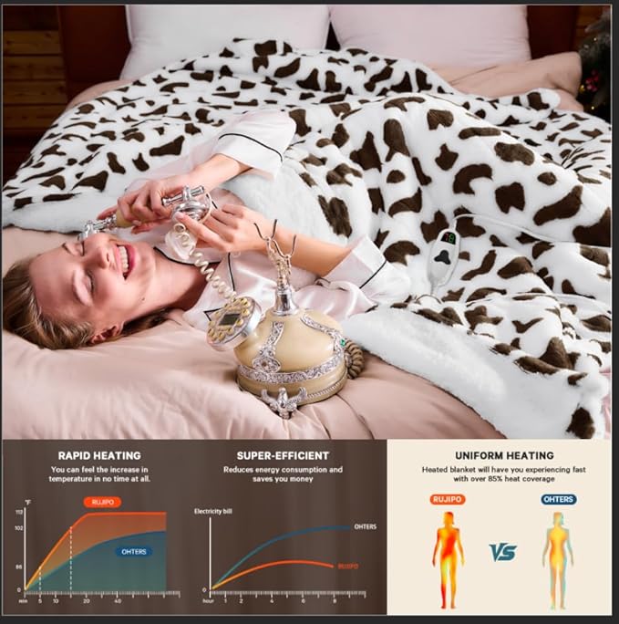 Cow Print Heated Electric Blanket Twin,62X84 Brown Heating Blanket with 10 Heats Levels & 8 Hours Auto Off,Cute Cow Decor Fleece Sherpa Blankets Warmer Gifts for Women Couch Office,Washable
