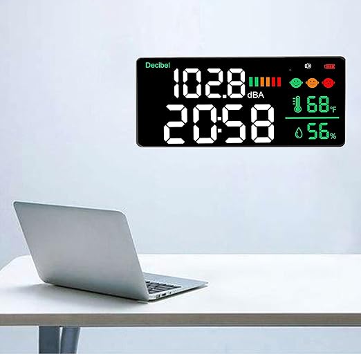 Decibel Meter 11 Inch LED Screen, Wall Mounted Sound Level Reader 30 to 130db, Time Temperature Humidity Display - Sensor, Adjustable Brightness, Ideal for Noise