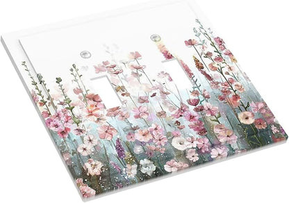 Colorful Flowers Pink Floral Watercolor Plant Decorative Switch Plates 2 Gang Double Toggle Outlet Light Switch Cover Wall Plate Electrical Faceplate for Bed Room Living Room Decor