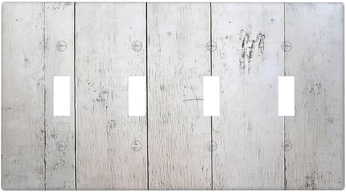 Rustic White Grey Wood Grain Light Switch Covers Quad Toggle 4 Gang Wall Plate Decorative Switch Plates Electrical Faceplate for Bedroom Bathroom Decor