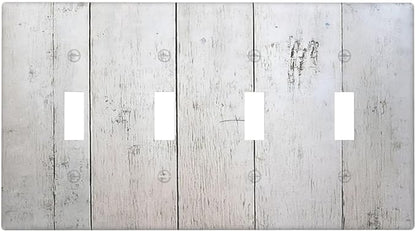 Rustic White Grey Wood Grain Light Switch Covers Quad Toggle 4 Gang Wall Plate Decorative Switch Plates Electrical Faceplate for Bedroom Bathroom Decor