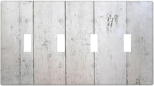 Rustic White Grey Wood Grain Light Switch Covers Quad Toggle 4 Gang Wall Plate Decorative Switch Plates Electrical Faceplate for Bedroom Bathroom Decor