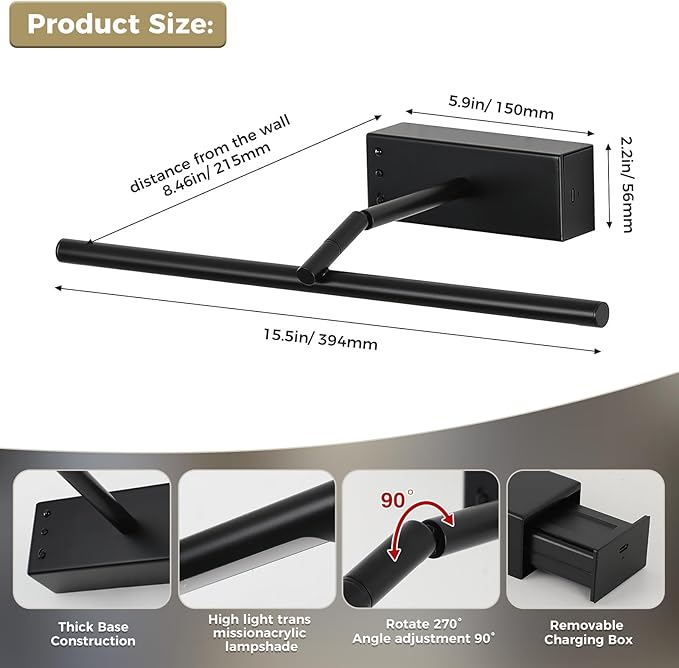 JOOSENLUX Battery Operated Picture Light Black 16-inch Wireless Art Display Light 3CCT Dimmable with Adjustable Arm Wall Light for Artwork Display Photo Showcases Canvases and Oil Paintings