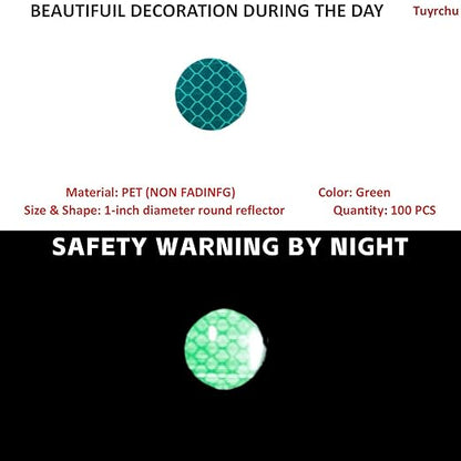 Non Fading Green Reflective Stickers 1-inch Diameter Round Reflector, Outdoor Waterproof High Visibility Warning Adhesive Tape (100 Pcs)