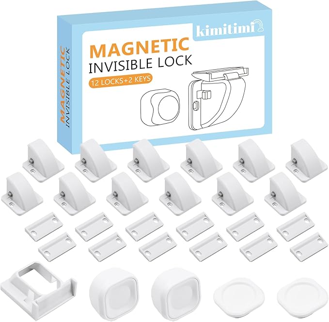 12 Pack Magnetic Cabinet Locks Baby Proofing - Child Safety Cabinet Latch Locks with Adhesive, No Drill or Tools Installation, for Cabinets Drawers Doors