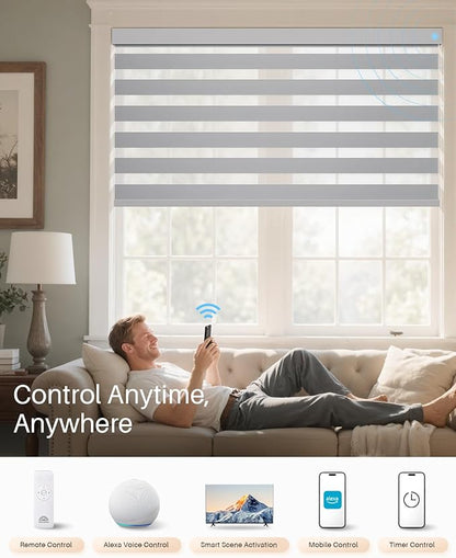 Smart Zebra Blinds for Windows, Alexa Motorized Blinds with Remote Control, Automatic Electric Power Zebra Shades for Indoor Windows (59" W x 72" H,Gray)