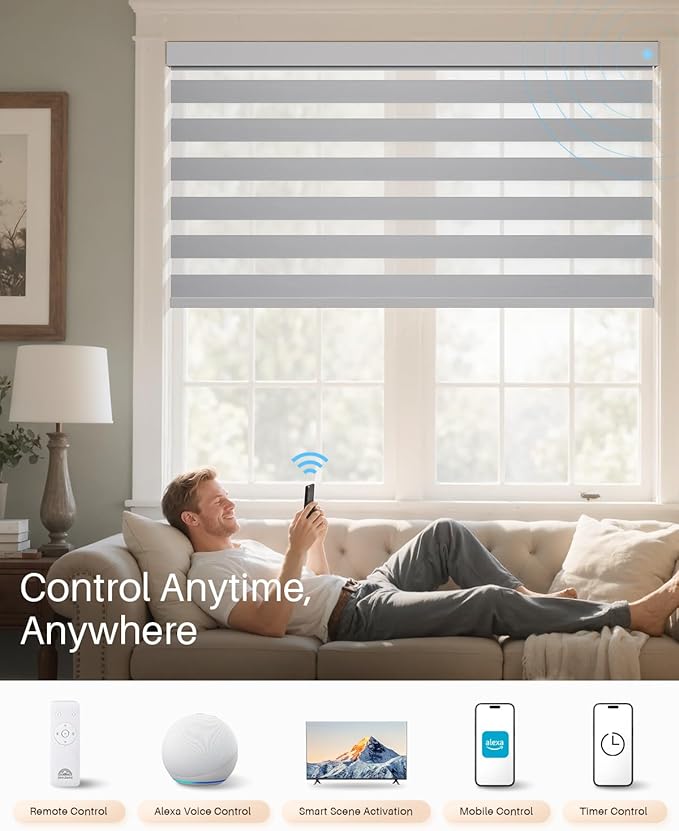 Smart Zebra Blinds for Windows, Alexa Motorized Blinds with Remote Control, Automatic Electric Power Zebra Shades for Indoor Windows (21" W x 72" H,Gray)