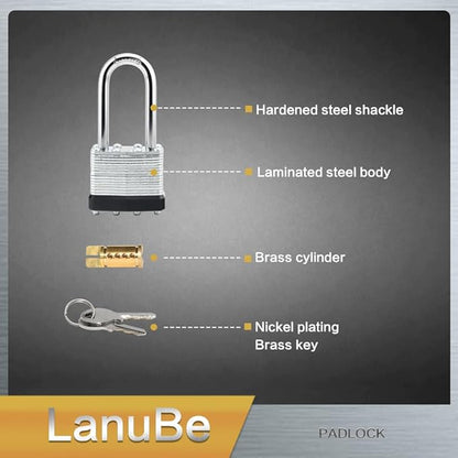 LanuBe Lock Laminated keyed Padlock (1-9/16", 40mm), keyed Alike Locks, Long Shackle,Marked Black Plastic Hoop, Pack of 60