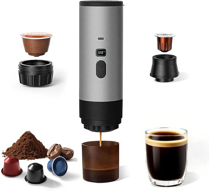 Portable Coffee Maker Espresso Machine with 7800mAh Battery & Digital Display, Self-Heating Travel Coffee Maker for Camping, Car, USB-C Compatible with Ground Coffee & NS Capsules RV Hiking Office