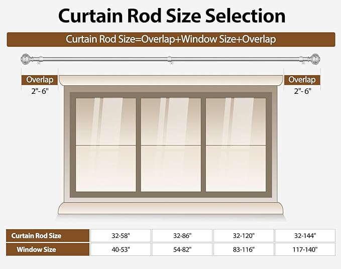 TONIAL Silver Curtain Rod 32 to 58 Inches, 7/8 Adjustable Curtain Rods for Windows 20 to 54 Inches, Splicing Drapery Rods Decorative with Netted Texture Finials