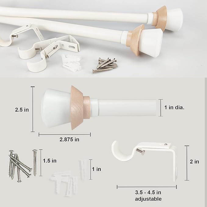 Nordic Style White Single Curtain Rod Set with Decorative Finials, 36-72 inch, Standard Single Drapery Rod for 1 Pack, 1 Inch diameter, Adjustable Length (36-72'', White)