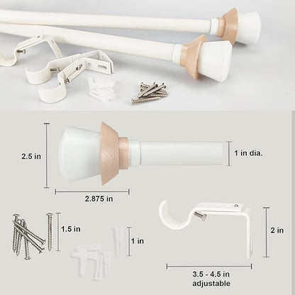 Nordic Style White Single Curtain Rod Set with Decorative Finials, 36-72 inch, Standard Single Drapery Rod for 1 Pack, 1 Inch diameter, Adjustable Length (36-72'', White)