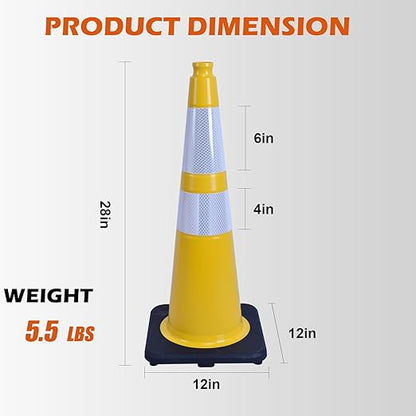 6 Pack 28 Inch Yellow Reflective Traffic Cones, Heavy Duty Black Base Safety Cones for Work Zones, Roadside Assistance and Maintenance Areas (6, Yellow, 28 Inch)