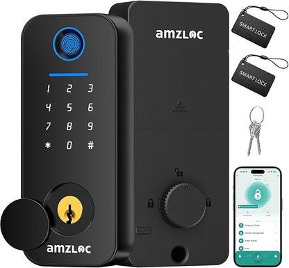 Smart Deadbolt Door Lock with Keypad:Amzloc Fingerprint Keyless Entry Door Lock, Smart Lock for Front Door,Bluetooth APP Control,Auto Lock,Easy Install,IP65 Waterproof