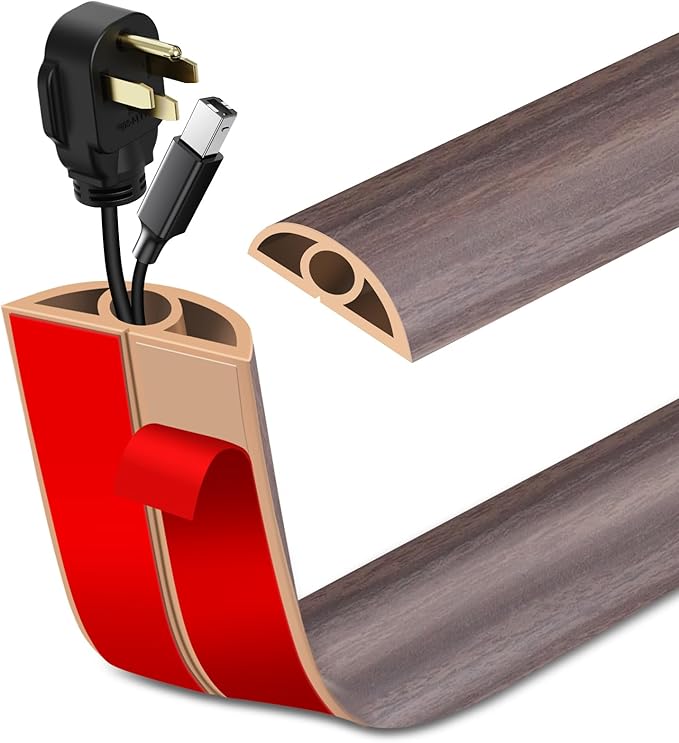 Floor Cord Cover Self Adhesive Cord Hider Floor Extension Cord Covers for Floor Power Cord Protector Cable Management Prevent Cable Trips Cable Cavity 0.32" W x 0.32" H (Brown Walnut Wood, 20Ft)