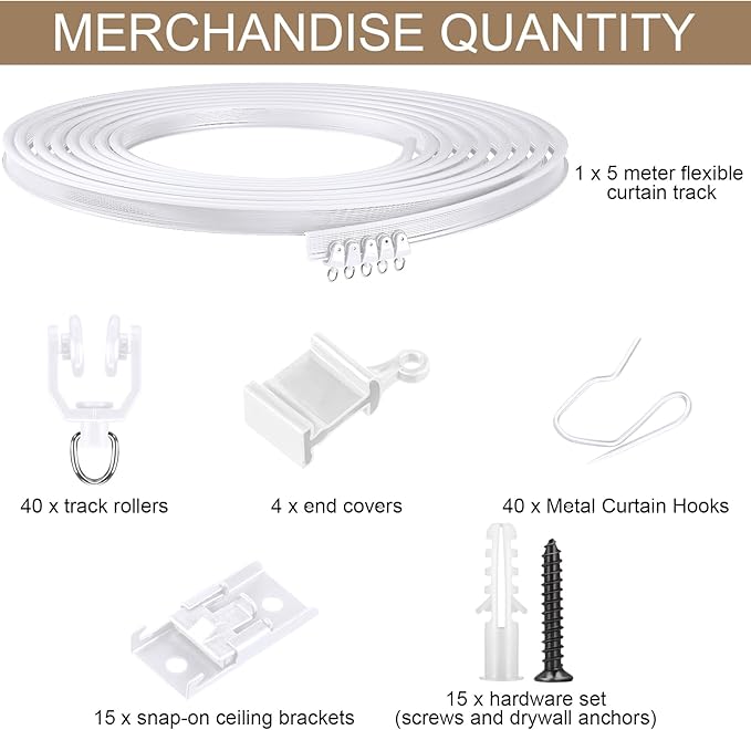 Jetec Curtain Tracks Ceiling Flexible Curtain Track Bendable Rail Curved Wall Mounted for Living Room Bedroom Divider Rod RV(5 Meter/ 16.4 Feet,White)