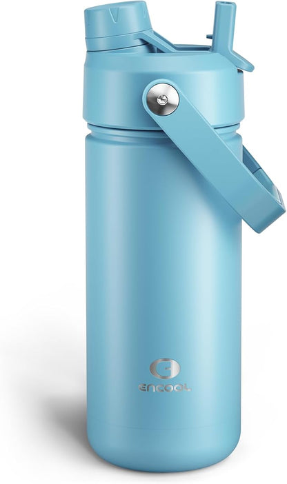 ENCOOL Insulated Water Bottle with Straw Stainless Steel Water Bottle, Leak-Proof, BPA-Free, Double Wall Vacuum Keeps Cold for 24 Hours for Sports, Travel, School (18 oz, Pewter Blue)