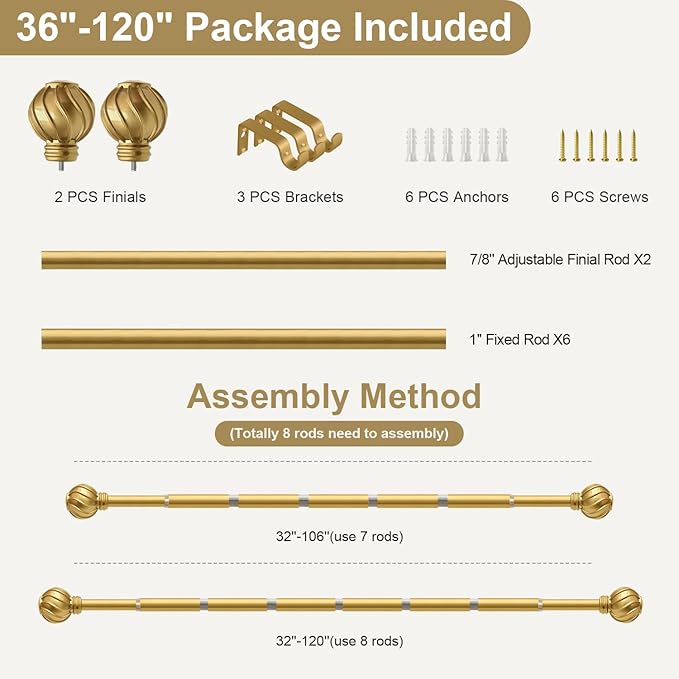 Gold Curtain Rods for Windows 66 to 120 Inch 7/8" Diamete Heavy Duty Adjustable Window Curtain Rod with Decorative Finials for Farmhouse Bedroom Living Room Kitchen Outdoor