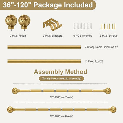 Gold Curtain Rods for Windows 66 to 120 Inch 7/8" Diamete Heavy Duty Adjustable Window Curtain Rod with Decorative Finials for Farmhouse Bedroom Living Room Kitchen Outdoor