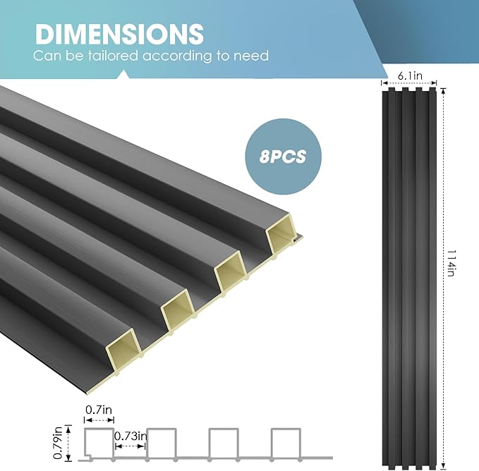 OUZUGIE WPC Acoustic Slat Wall Paneling, 8-Pack 114 x 6 Inches 3D Wall Panels for Interior Wall Decor,Living Room,TV Background,Study Room,Office Spaces,Bedroom,High Grille (Metallic Dark Gray)