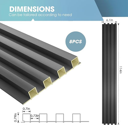 OUZUGIE WPC Acoustic Slat Wall Paneling, 8-Pack 114 x 6 Inches 3D Wall Panels for Interior Wall Decor,Living Room,TV Background,Study Room,Office Spaces,Bedroom,High Grille (Metallic Dark Gray)