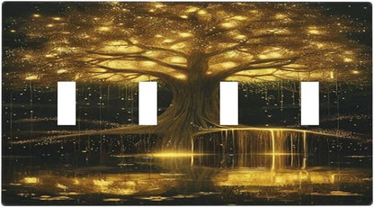 Decorative Light Switch Plate Covers Golden Shining Fantasy Kabbalah Tree of Life 4 Gang Light Switch Cover Plate Quad Toggle Wall Plate Outlet Covers Faceplate for Bedroom Home Decor