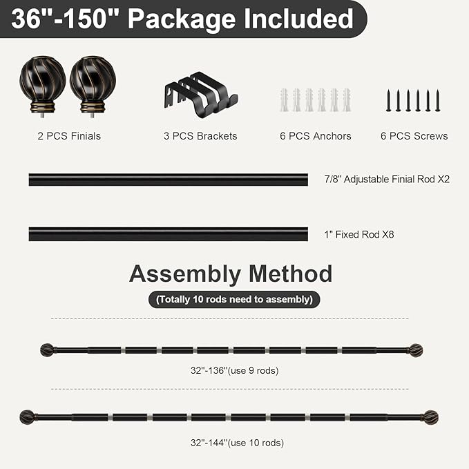 Black Curtain Rods for Windows 72 to 144 Inch 7/8" Diamete Heavy Duty Adjustable Window Curtain Rod with Decorative Finials for Farmhouse Bedroom Living Room Kitchen Outdoor