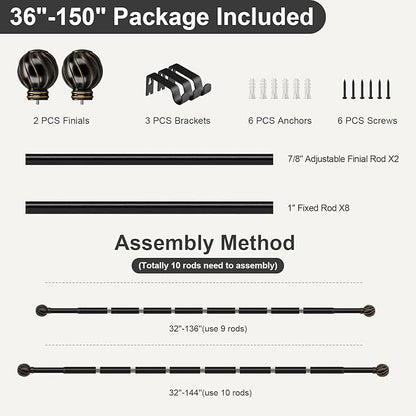 Black Curtain Rods for Windows 72 to 144 Inch 7/8" Diamete Heavy Duty Adjustable Window Curtain Rod with Decorative Finials for Farmhouse Bedroom Living Room Kitchen Outdoor