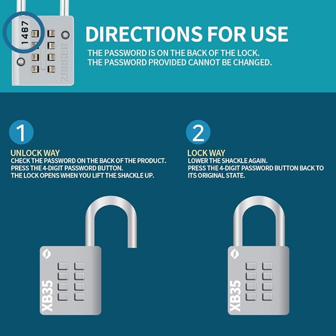 XB35 8-Digit Push Button Combination Padlock, 4 Digit Locking Mechanism, Blue, 1-Pack