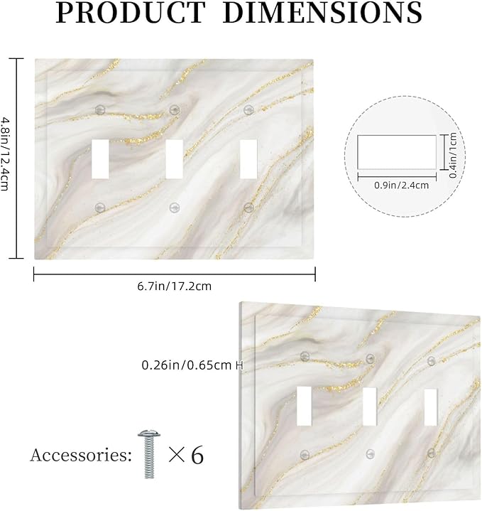 White Grey Gold Marble Simple Tiles Decorative Switch Plates 3 Gang Wall Plate Triple Toggle Light Switch Cover Faceplate Electrical Wall Panels for Bathroom Kitchen Decor