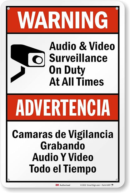 SmartSign 18 x 12 inch “Warning - Audio & Video Surveillance On Duty At All Times” Bilingual Sign, 63 mil Aluminum, 3M Laminated Engineer Grade Reflective Material, Red, Black and White, USA-Made