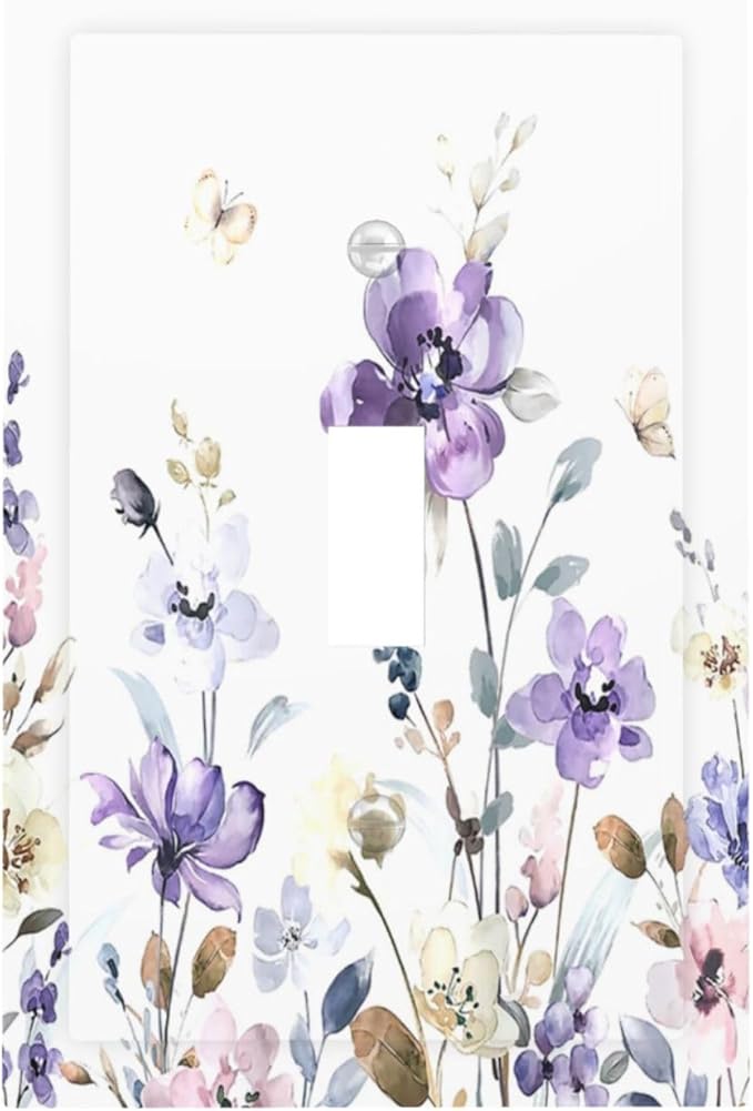 Decorative Light Switch Cover Purple Floral Lilac Watercolor Flower Leaves Butterfly Wildflower 1 Gang Single Toggle Decorator Outlet Wall Plate Device Electrical Faceplate Switchplates for Bedroom