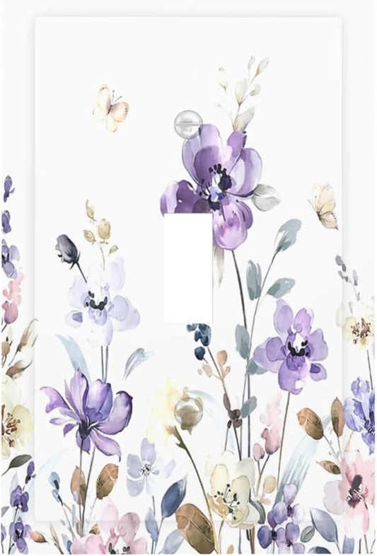 Decorative Light Switch Cover Purple Floral Lilac Watercolor Flower Leaves Butterfly Wildflower 1 Gang Single Toggle Decorator Outlet Wall Plate Device Electrical Faceplate Switchplates for Bedroom
