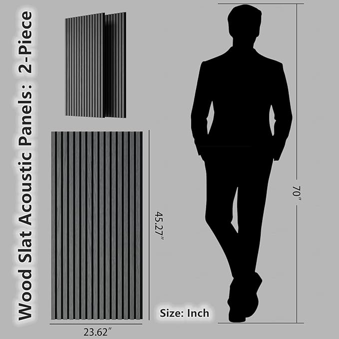 Wood Wall Panels, 45.3" x 23.6" Acoustic Panels for Wall and Ceiling, 3D Fluted Sound Absorbing Panel for Interior Wall Decor Noise Reduction (2Pcs-Gray)