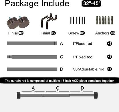 Adjustable Curtain Rods-18 to 45 Inches,1 Inch Modern Metal Drapery Rods, Adjustable Heavy Duty Curtain Pole with Simple End Caps