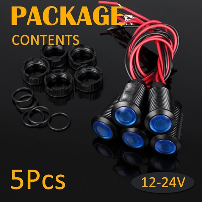5pcs 12mm 12V-24V LED Indicator Light Plastic Black Signal Dot Lamp 1/2 inches Mounting Hole Size with 15cm/5.9in. Wire (Blue LED)