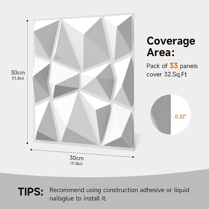 INMOZATA 3D Wall Panels for Interior Wall Decor, 33 Pack 12 x 12 Inch Decorative Wall Panels Diamond 3D Textured Accent Panel for TV, Gaming Living Room, Bedroom Background(White)