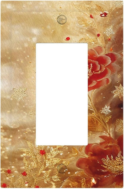 Decorative Outlet Covers Golden Leaf Red Peony Flowers Floral 1 Gang Single Decora GFCI Device Light Switch Covers Plate 1 Rocker Wall Plate Jumbo Faceplate for Home Decor