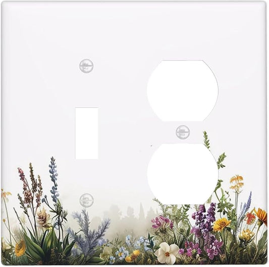 Outlet Covers White Background Colorful Flowers Plants Green Leaves 1 Toggle 1 Duplex Switch Plate Covers Electrical Light Switch Cover Plate Decorative Wall Plate Socket Cover for Bedroom Home Decor