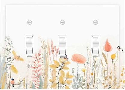 Decorative Switch Plates Colorful Floral Watercolour Cuddly Bird 3 Gang Wall Plate Triple Toggle Light Switch Cover Faceplate Electrical Wall Panels For Bed Room Living Room Decor