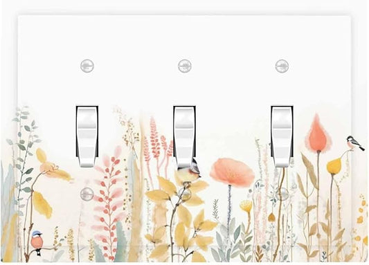 Decorative Switch Plates Colorful Floral Watercolour Cuddly Bird 3 Gang Wall Plate Triple Toggle Light Switch Cover Faceplate Electrical Wall Panels For Bed Room Living Room Decor