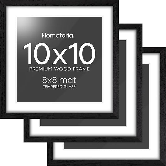 Homeforia 10x10 Picture Frame Black Wood, High-End Oak 10 x 10 Square Frames with Mat 8 by 8 Photo, 10by10 Wooden Frame Matted to 8x8 Print, Wall or Tabletop Frames, Tempered Glass, Wall Kit, Set of 3