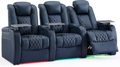 Weilianda Home Theater Seating Top Grain Leather Zero Gravity Recliner Chair Power Headrest Recline Movie Seat Gaming 7 Colors Mood Light Sofa with Tray Table USB Charge Row of 3 Blue