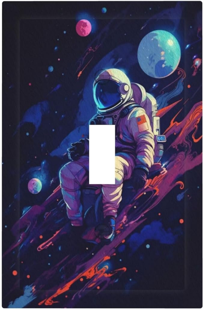 Decorative Light Switch Cover Purple Space Astronaut Planet 1 Gang Wall Plate Oversized Single Toggle Wall Cover Jumbo Electrical Switchplate Face Plate for Bedroom Home Decor