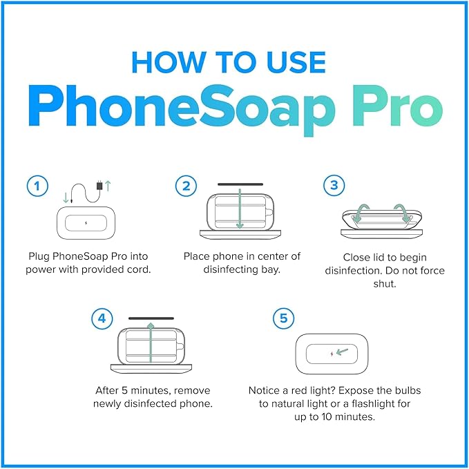 PhoneSoap Pro UV Smart Phone Sanitizer & Universal Cell Phone Charger Box | Patented & Clinically Proven 360-Degree UV-C Disinfection | Disinfects and Charges All Phones (Red)