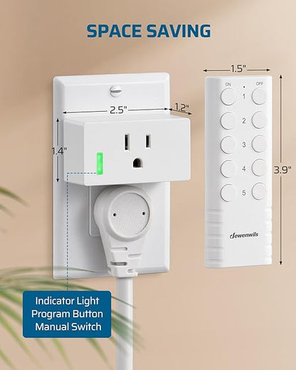 DEWENWILS 200FT Range Remote Control Outlet, No Interference Strong Signal, Indoor Wireless Outlet Switch for Lamps, Fans, Christmas Lights, 15A/1800W, ETL Listed (5 Outlets + 2 Remotes)