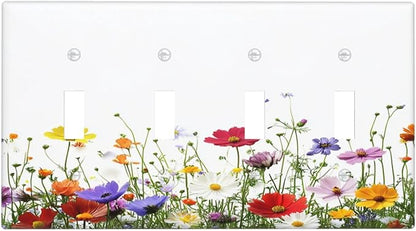 Light Switch Covers Colorful Wildflowers Plant Floral Daisy Quad Toggle Electrical Faceplate 4 Gang Wall Plate Decorative Switch Plates For Bed Room Living Room Decor