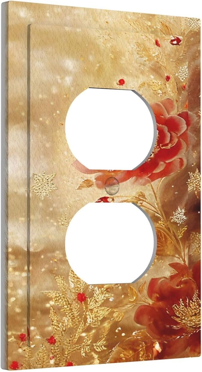 Decorative Outlet Covers Golden Leaf Red Peony Flowers Floral 1 Gang Duplex Light Switch Cover Plate Wall Plates for Electrical Outlets Switchplate Faceplate for Home Decor