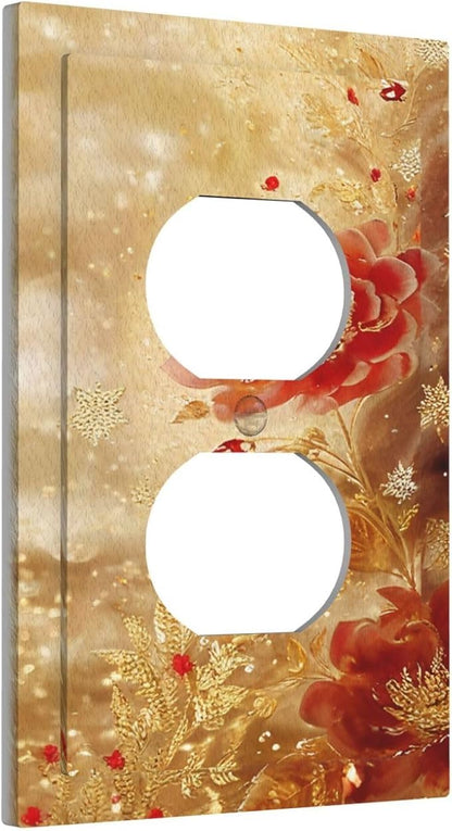 Decorative Outlet Covers Golden Leaf Red Peony Flowers Floral 1 Gang Duplex Light Switch Cover Plate Wall Plates for Electrical Outlets Switchplate Faceplate for Home Decor